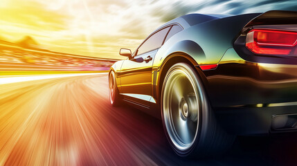 Red sports car racing at high speed on a drag strip, showcasing the thrill of competition and the pursuit of performance excellence.