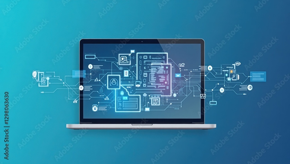 Poster personal ai. laptop is open with blue background and graphic of cloud of icons