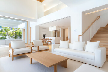 Modern Japanese style living room featuring white sofa, wooden chairs, and light wooden table. bright space is filled with natural light, creating serene atmosphere