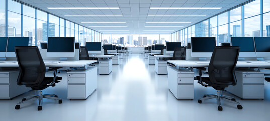 Modern open space office with desks, computers, and large windows showcasing city view. bright and airy environment promotes productivity and collaboration