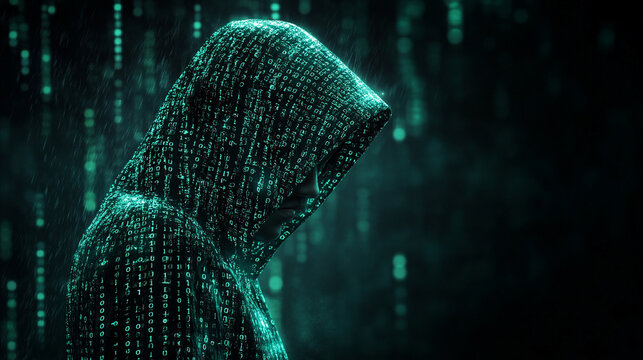 Mysterious hooded figure surrounded by glowing digital matrix rain effect with binary code fragments scattered across dark atmospheric scene symbolizing cyber security encryption and digital secrecy

