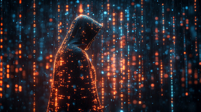 Mysterious hooded figure surrounded by glowing digital matrix rain effect with binary code fragments scattered across dark atmospheric scene symbolizing cyber security encryption and digital secrecy

