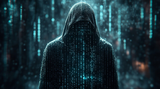 Mysterious hooded figure surrounded by glowing digital matrix rain effect with binary code fragments scattered across dark atmospheric scene symbolizing cyber security encryption and digital secrecy

