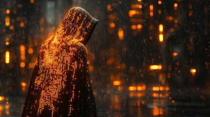 Mysterious hooded figure surrounded by glowing digital matrix rain effect with binary code fragments scattered across dark atmospheric scene symbolizing cyber security encryption and digital secrecy

