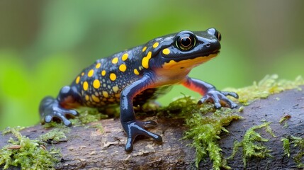 Obraz premium Colorful Spotted Salamander crawling over a mossy log its sleek black skin dotted with bright yellow spots tiny toes gripping the damp bark