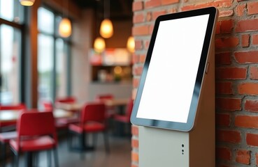 Blank display of self-service touchscreen in fast food restaurant. Modern system allows client to order food using electronic device. Digital kiosk with menu for purchase at eatery. Automated retail