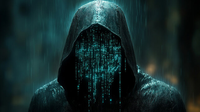 Mysterious hooded figure surrounded by glowing digital matrix rain effect with binary code fragments scattered across dark atmospheric scene symbolizing cyber security encryption and digital secrecy

 - Powered by Adobe