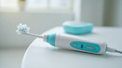 Portable Oral Irrigator. Electric toothbrush with blue buttons on whit