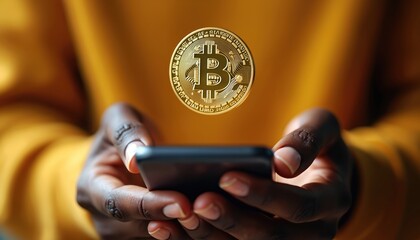 Close-up of black man holding smartphone with bitcoin hovers over screen. Person in yellow sweater using secure mobile payment app for crypto currency transaction. Modern e-commerce.