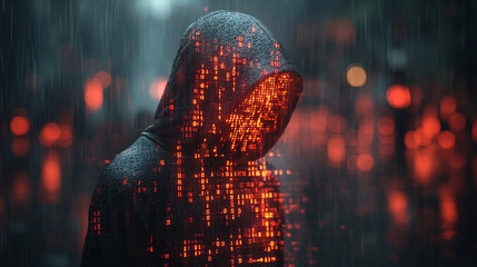 Mysterious hooded figure surrounded by glowing digital matrix rain effect with binary code fragments scattered across dark atmospheric scene symbolizing cyber security encryption and digital secrecy

