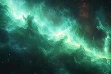 Obraz premium A stunning cosmic scene showcasing vibrant green and teal nebulae against a starry backdrop