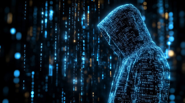 Mysterious hooded figure surrounded by glowing digital matrix rain effect with binary code fragments scattered across dark atmospheric scene symbolizing cyber security encryption and digital secrecy

