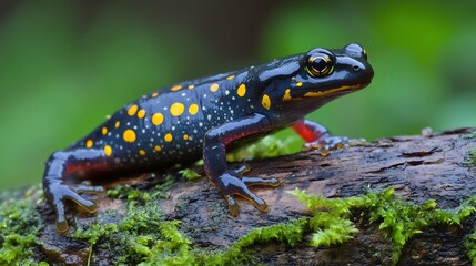 Fototapeta premium Colorful Spotted Salamander crawling over a mossy log its sleek black skin dotted with bright yellow spots tiny toes gripping the damp bark