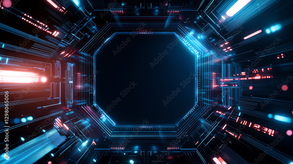 Poster futuristic digital background with neon lights in blue and red, creating high tech atmosphere. perfe
