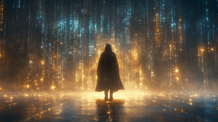 Mysterious hooded figure surrounded by glowing digital matrix rain effect with binary code fragments scattered across dark atmospheric scene symbolizing cyber security encryption and digital secrecy

