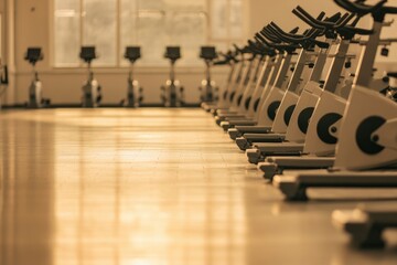Fitness studio illuminated by warm light showcasing rows of exer