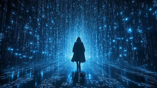 Mysterious hooded figure surrounded by glowing digital matrix rain effect with binary code fragments scattered across dark atmospheric scene symbolizing cyber security encryption and digital secrecy

