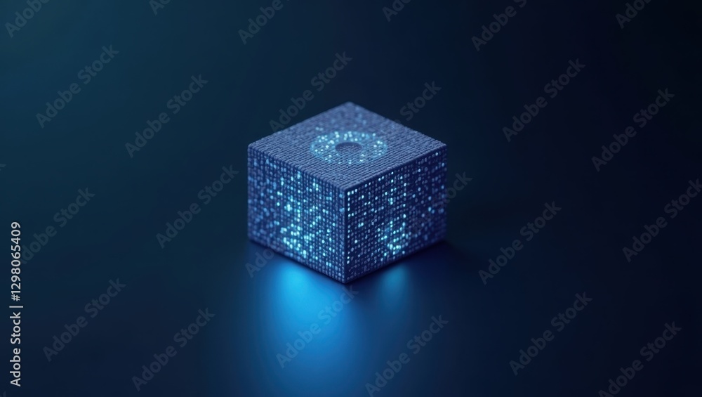 Aufkleber quandela. blue light shines on glowing cube on dark surface