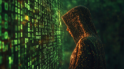 Mysterious hooded figure surrounded by glowing digital matrix rain effect with binary code fragments scattered across dark atmospheric scene symbolizing cyber security encryption and digital secrecy

