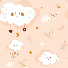 Gender neutral bohemian baby seamless pattern with kawaii cloud leaves rainbows moon heart.