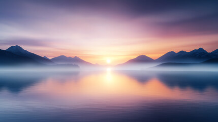 Fototapeta premium serene sunset over tranquil lake surrounded by mountains, reflecting vibrant colors in water. scene evokes sense of peace and natural beauty