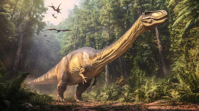 Colossal Argentinosaurus striding through a lush Cretaceous valley its massive neck stretching toward the treetops small pterosaurs flying around it