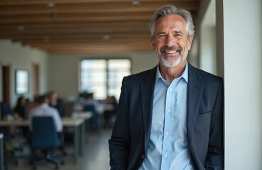 Mature executive man smiles looking at camera standing in modern office. Positive businessman wears suit. Successful entrepreneur, leader, boss, ceo, employee. Business portrait of satisfied senior