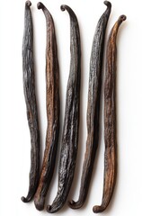 Five Dark Brown Vanilla Pods on White Background for Culinary and Baking Use with Natural Texture and Detail Highlighting Flavorful Ingredient