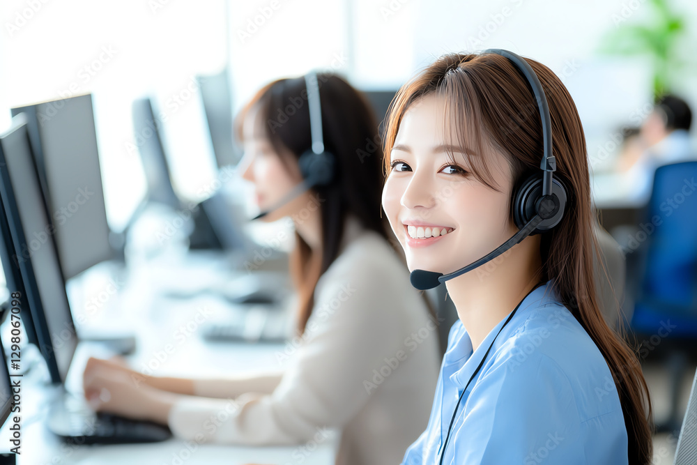 Poster woman smiling while working in call center, wearing headset. background shows another colleague at c