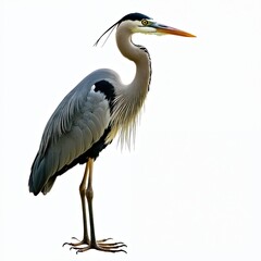 Fototapeta premium Elegant grey heron stands gracefully on one leg, long neck, slender body in wildlife setting during daylight. Tall bird sharp beak, bright eyes hunting, looks focused, alert, still. Feathers detailed.
