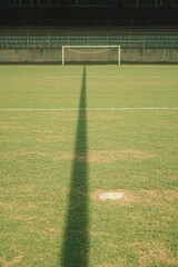 Open field with long shadow stretching towards goalpost, vibrant