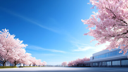 large school building surrounded by blooming cherry blossom trees under clear blue sky creates serene and inviting atmosphere