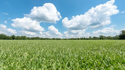 Sunny day, green field, puffy clouds, trees. Landscape background for travel brochure