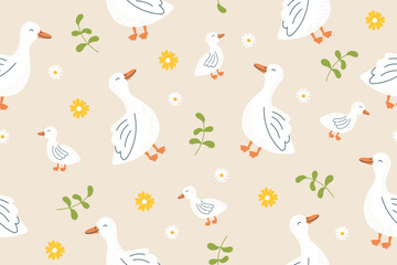 Seamless pattern of geese on a beige background. Farm animals, poultry. Vector hand drawn childish background.