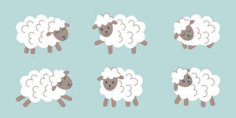 Obraz premium Set of white sheep on blue background. Farm animals. Vector hand drawn cliparts.