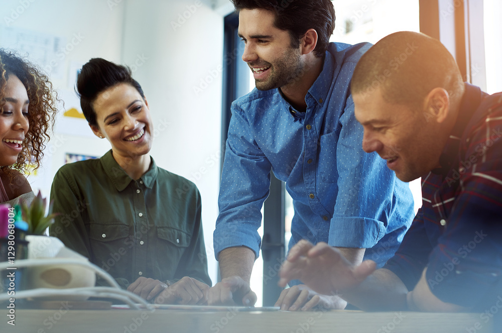 Poster collaboration, design and smile of business people in office with tablet for software development. c