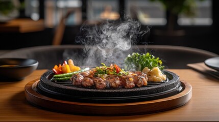 Fototapeta premium Sizzling Steak and Vegetable Platter on a Hot Stone