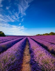 Fototapeta premium Vibrant lavender field stretches endlessly under deep blue summer sky. Breathtaking & serene landscape. Ideal for summer themes & calming backgrounds.