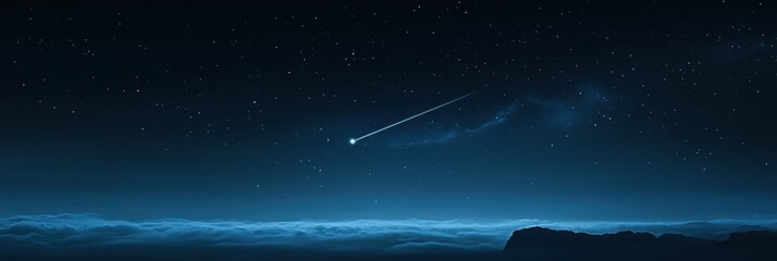 Naklejka premium Shooting star gliding across a starry night sky over distant mountains and clouds. Generative AI