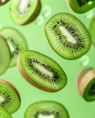 Fototapeta premium Floating Kiwi Slices with Rich Green Pulp and Black Seeds – Refreshing Hyper-Realistic Summer Vibe, Selective Focus