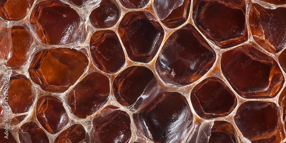 Poster close up of honeycomb showcasing geometric pattern and rich amber color