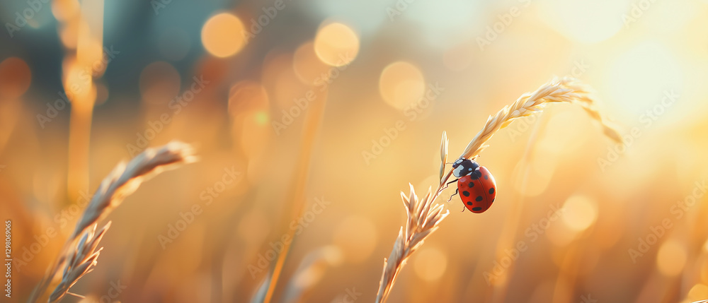 Poster Close up of ladybug on blade of grass in sunlit field, creating serene atmosphere