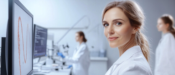 woman scientist in lab analyzing DNA sequences on computer screen