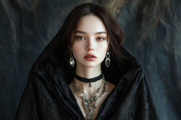 model in dark witch fashion with elegant jewelry and mysterious expression