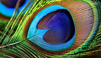Fototapeta premium Vibrant macro peacock feather: colorful, sharp details, bright blue hues. Exotic & detailed. Ideal for vibrant backgrounds & nature designs.