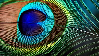Naklejka premium Vibrant macro peacock feather: colorful, sharp details, bright blue hues. Exotic & detailed. Ideal for vibrant backgrounds & nature designs.