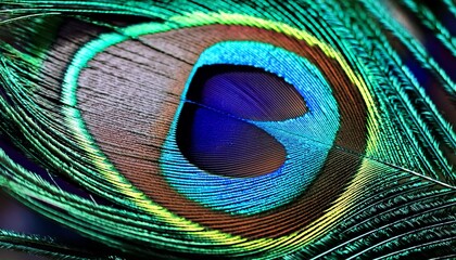 Fototapeta premium Vibrant macro peacock feather: colorful, sharp details, bright blue hues. Exotic & detailed. Ideal for vibrant backgrounds & nature designs.