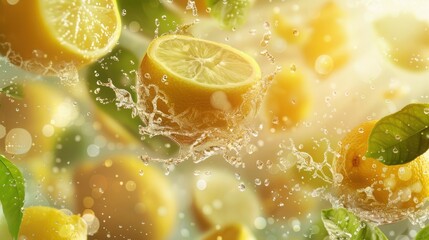 Fresh Lemon Slices Splashing in Water with Natural Citrus Glow, Selective Focus