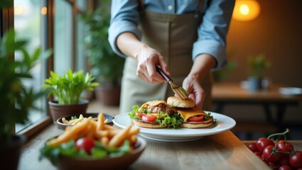 Sustainable Hospitality. dashpass Plant-based meat Wheat straw plates Eating for mental health Bamboo cutlery Grubtech Planted people tablecheck Restaurant365 Chef hands in apron preparing gourmet bu