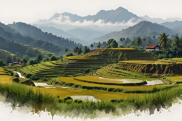 Peaceful rice terraces in southeast asia in watercolor style